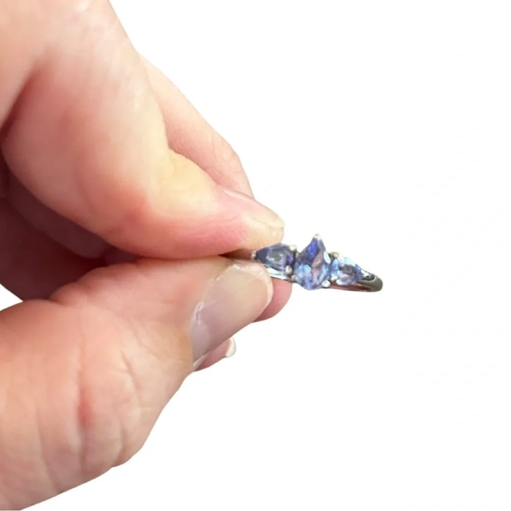 Genuine Teardrop 3 Stone Tanzanite Ring in Stainless Steel